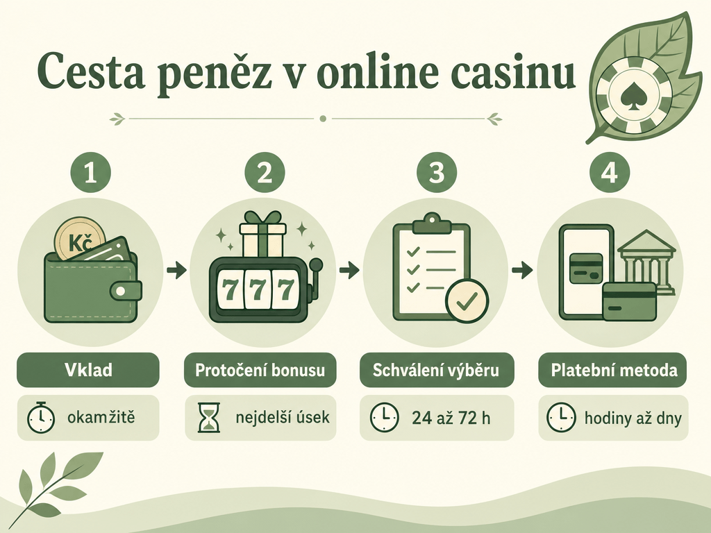 Cesta peněz od vkladu k výběru ve čtyřech krocích